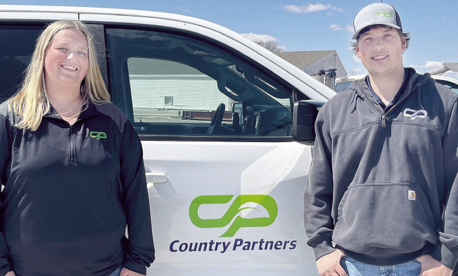 NEW LEADERSHIP ROLES -- Jaclyn Frey, left, in agronomy sales, and Robbie Thome, location manager, have taken leadership roles at Country Partners Cooperative in Albion.