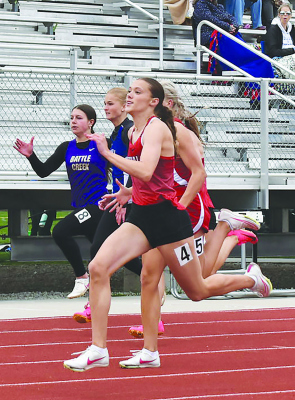Cardinal senior Ava Duerksen could not be caught in the 2024 Mid-State Conference Championships in Albion Saturday. Duerksen paced the Boone Central girls to a conference championship with gold medals in the 100 and 200 meter dashes, along with silver in the 4x100 relay. (Photo, Nolan Vandenberg, Boone Central Schools)