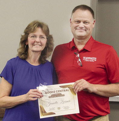 CHAPTER FOUNDER -- Jeanette Zwiener, l., accepts her special award certificate from President Roger Gentrup.