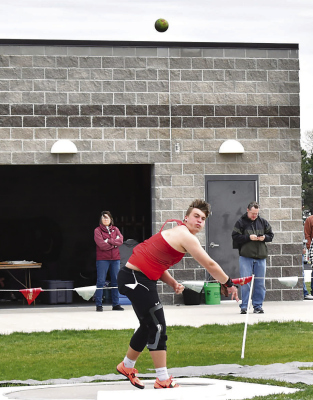 Launched ... Card senior Trent Patzel gave a big effort in the shot put at Grand Island where he placed third with a mark of 50’7 in the annual Northwest Dave Gee Invite. (Photo, Nolan Vandenberg, Boone Central Schools)